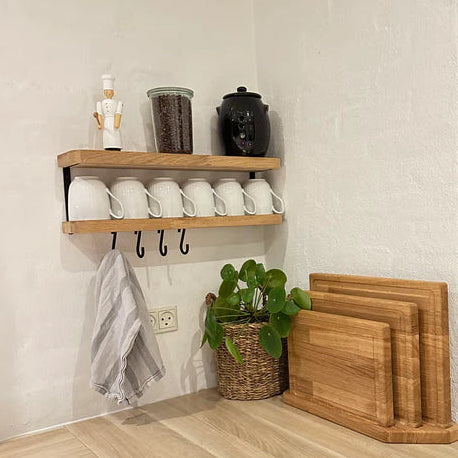 Hylla ek/stål, stor (54 cm) med 4 krokar