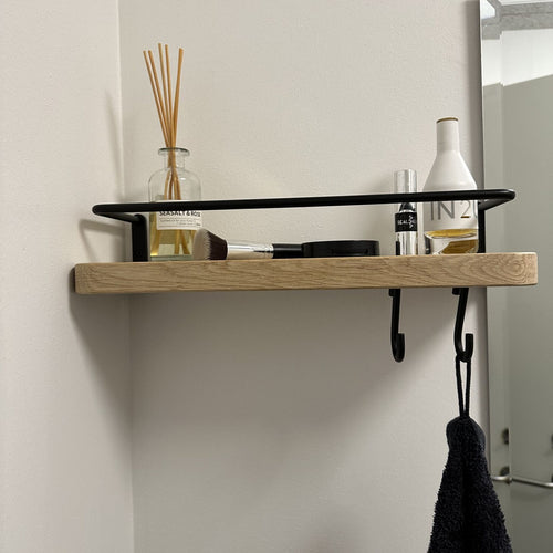 Hylla ek/stål, Liten (38 cm) med 2 krokar